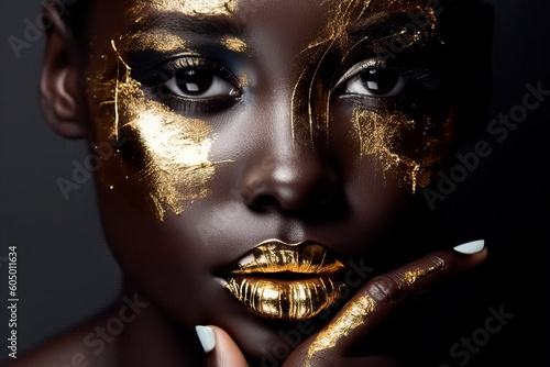 fashion portrait of a dark-skinned girl with gold make-up. Beauty face. Ai generated