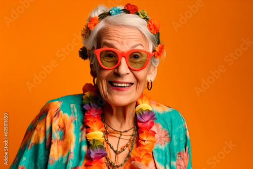 Grandmother colored portraits set in the studio. Concepts about seniority and third age. Funny old woman making party and celebrate. Ai generated photo
