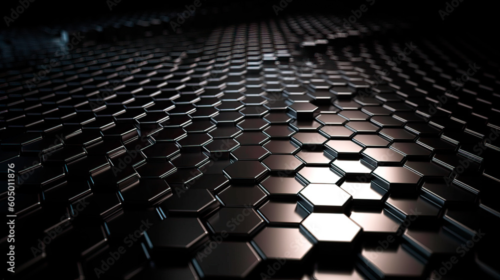 Abstract honeycomb black Background ,light and shadow . modern background. Vector metal hexagonal grid background. Black metal texture steel background. Ai generated