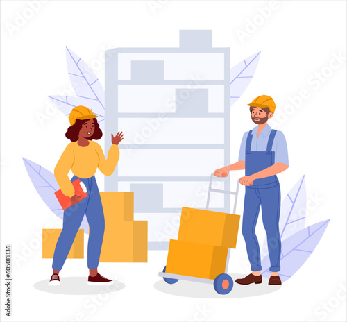 Warehouse workers concept. Man and woman with boxes near closet. Logistics and transportation of goods and parcels. Online shopping and home delivery. Cartoon flat vector illustration