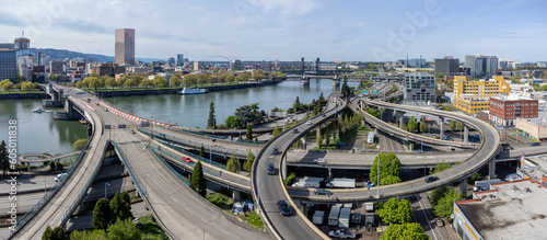 Highways, bridges, buildings and the Willamette River create this scenic aerial view of Portland, Oregon