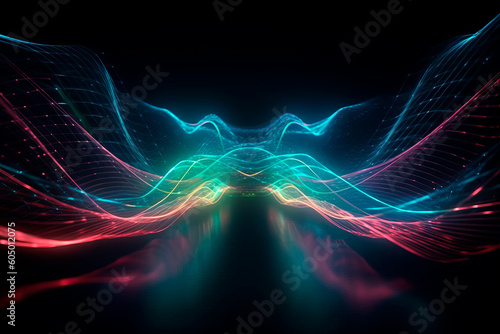 Abstract fluid 3d render holographic iridescent neon curved wave in motion background on the black background. Gradient design element for banners, backgrounds, wallpapers and covers. generative ai