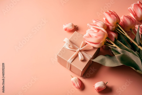 Mother's day trendy celebration concept. Top view of trendy gift boxes and pink tulips on pastel background with space for text or greeting message. Ai generated © Frenchiebuddha