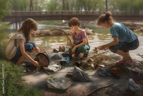Children clean up garbage near the river. World cleaning or Earth day, Generative AI 2