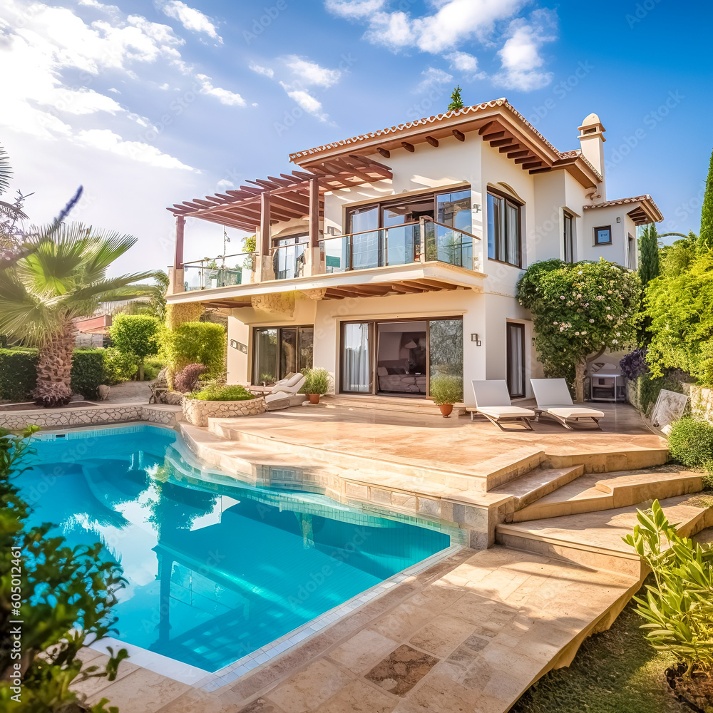 luxury villa with swimming pool, sale and rent of exclusive real estate, concept life of rich people, made with Generative AI luxury villa with swimming pool, sale and rent of exclusive real estate, concept life of rich people, made with Generative AI