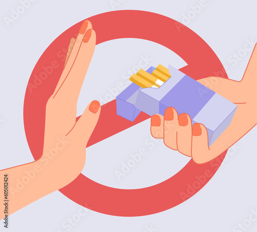 People no smoking. Character refuses box of cigarettes. Health care and fight against bad habits and tobacco addiction. Person rejects offer of smoking. Cartoon flat vector illustration