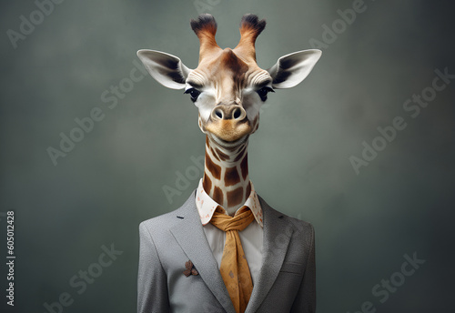 A giraffe-headed woman dressed up in office style. Generative AI.
