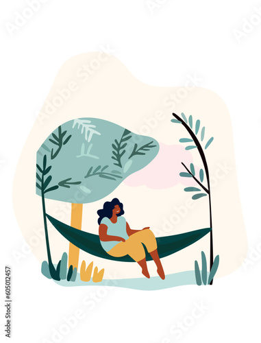 Women relaxing at the beach. Woman reclining in coastal hammocks, savoring sunny alfresco. Vacation mood concept. Vector illustration.