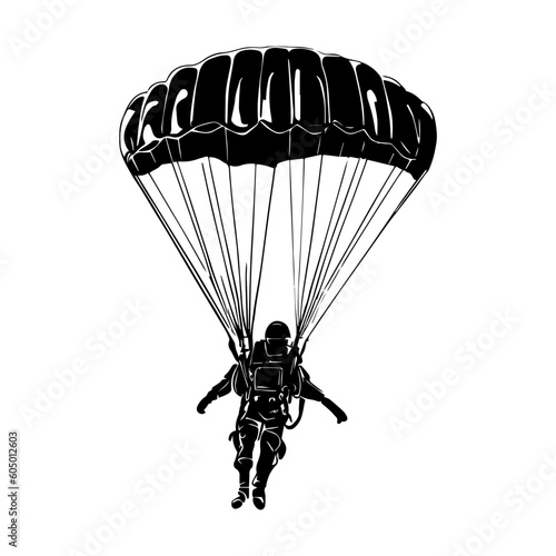 One line vector illustration. Skydiver in the sky. Minimalism. Paratrooper on a parachute.