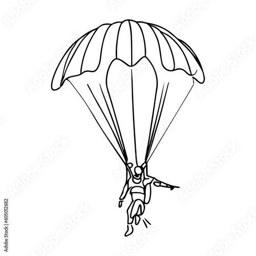 One line vector illustration. Skydiver in the sky. Minimalism. Paratrooper on a parachute.