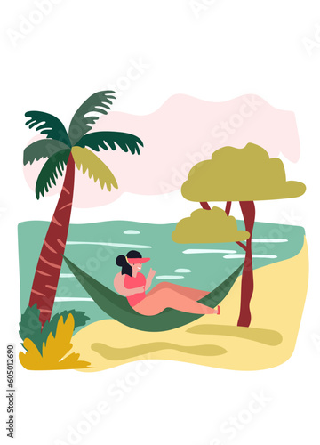 Women relaxing at the beach. Woman reclining in coastal hammocks, savoring sunny alfresco. Vacation mood concept. Vector illustration.