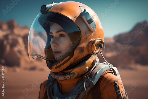 Woman pilot astronaut in a spacesuit on the surface of Mars, Generative AI © Alina