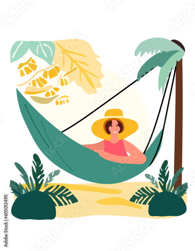 Women relaxing at the beach. Woman reclining in coastal hammocks, savoring sunny alfresco. Vacation mood concept. Vector illustration.