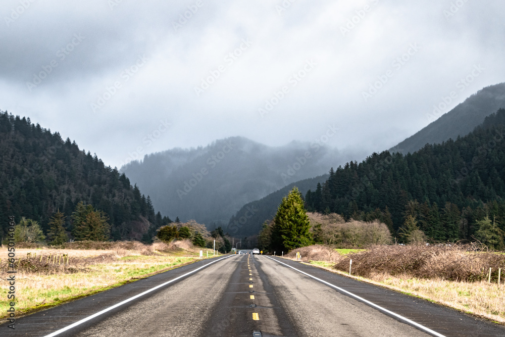 Highway Stretching Through Countryside of Tillamook, Oregon on Foggy Day