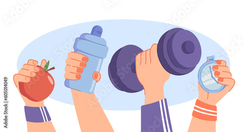 Sport people concept. Characters holding dumbbell, bottle of water and apple in their hands. Active lifestyle, fitness and training. Athletes and sportsmans. Cartoon flat vector illustration