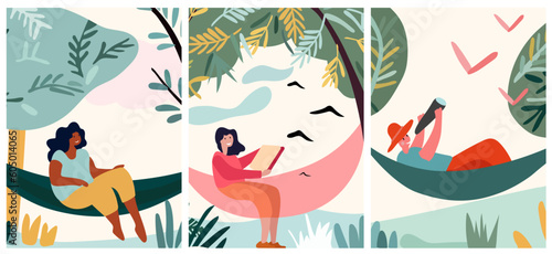 People reclining in shoreline hammocks, basking in the joy of summertime escapes and open-air events. Relishing leisure moments or staying productive in comfortable hanging swings. Vector.