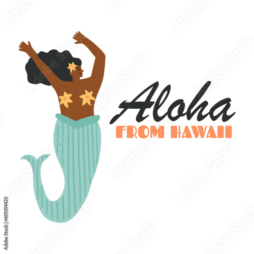 Cute young African mermaid with sea lilies dancing, teenage siren girl waving, Aloha from Hawaii text. Mythic creature