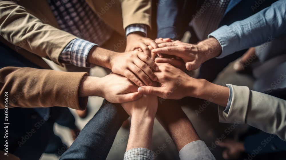 A group of individuals joining hands to showcase the concept of unity and teamwork, representing a business team standing together in solidarity