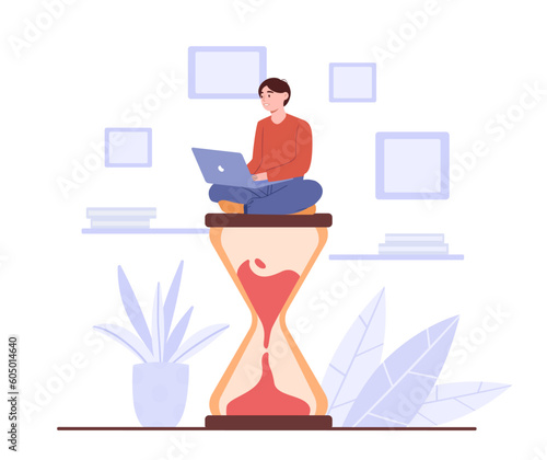 Guy works long hours. Man with laptop sits in lotus position on hourglass. Organization of effective workflow and time management. Hardworking employee in office. Cartoon flat vector illustration