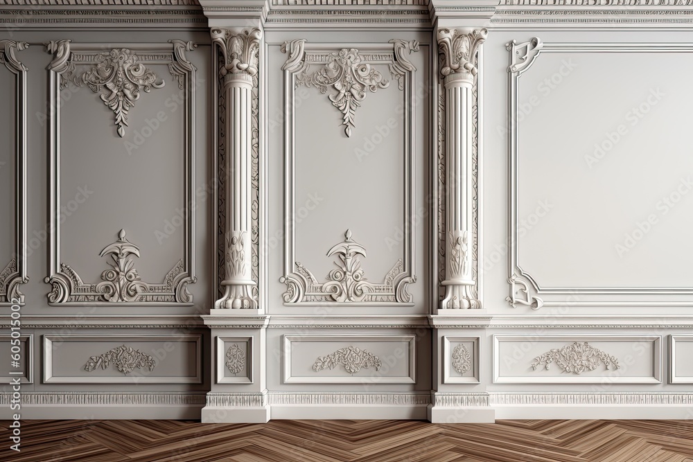 Classic style mouldings and wooden floor, empty room interior, 3d render Classic style mouldings and wooden floor, empty room interior, 3d render