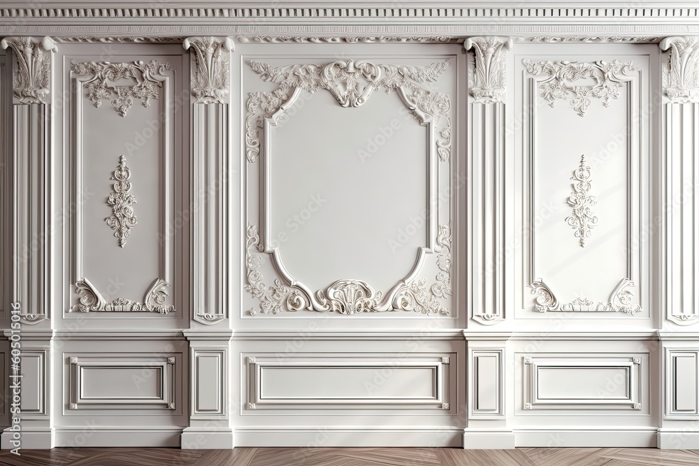 Classic style mouldings and wooden floor, empty room interior, 3d render