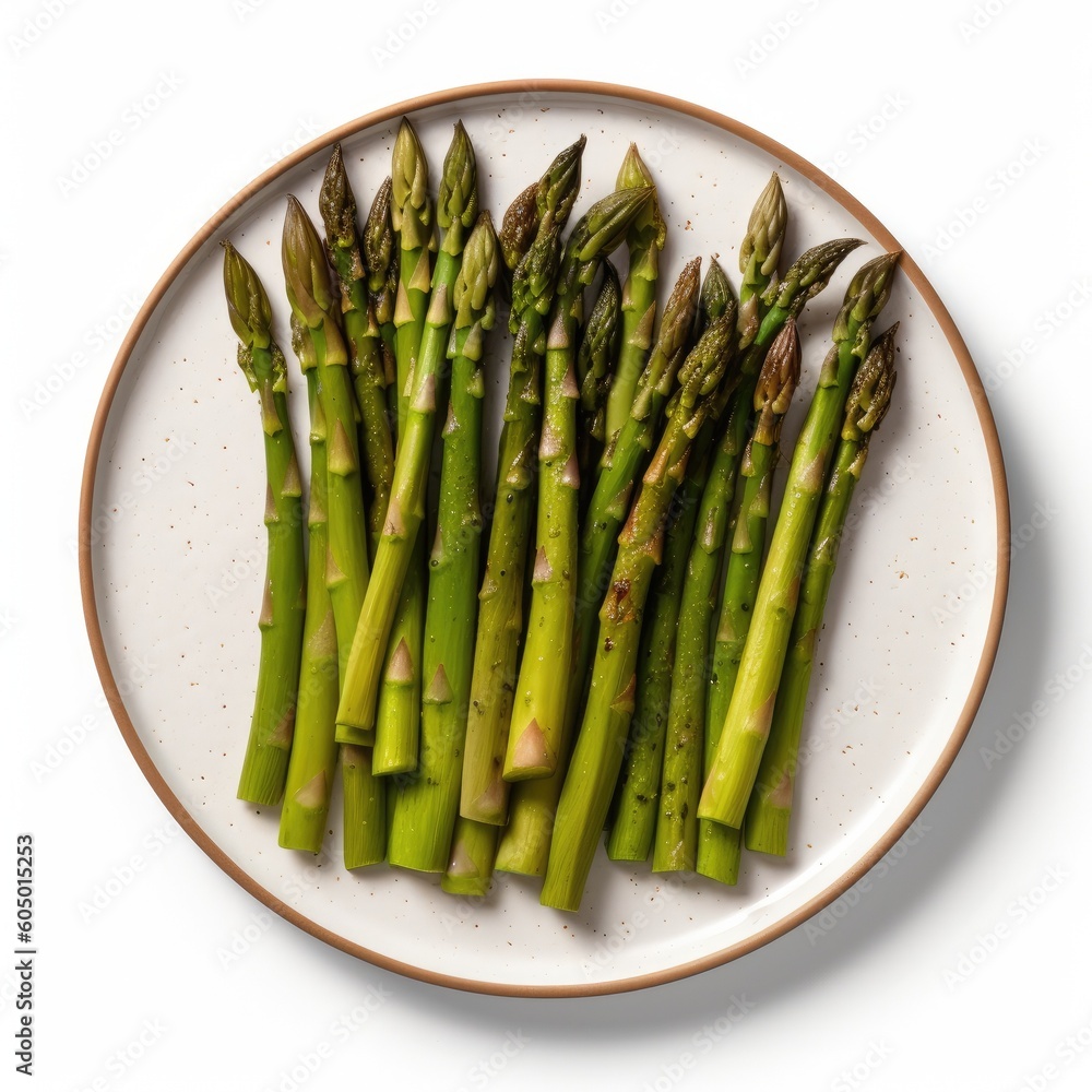 Plate of Grilled Asparagus  on a White Background Generative AI