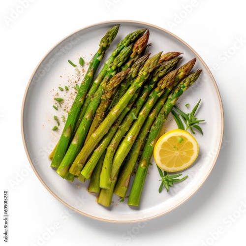 Plate of Grilled Asparagus with Lemon on a White Background Generative AI