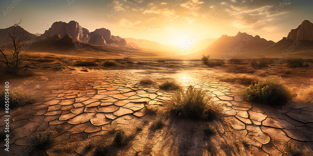 photo of a desert with mountains and sun rising over a dry flat field