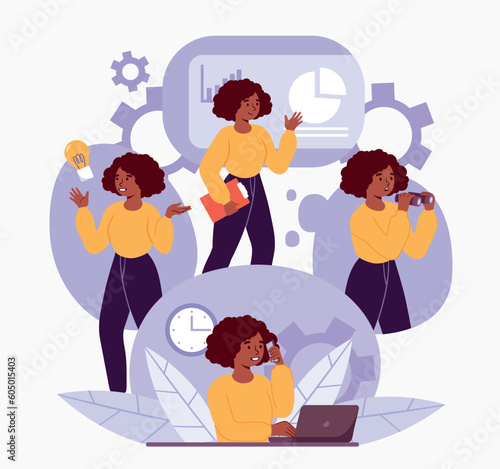 Overworked woman concept. Girl presents idea, analyzes graphs and charts, looks through binoculars and sits at computer. Hardworking entrepreneur or businesswoman. Cartoon flat vector illustration