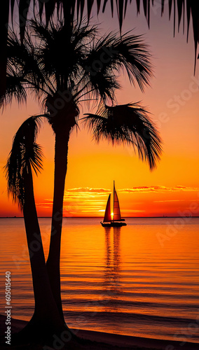 Sailboat on the background of the setting sun. Visible silhouette of palm trees. Ai generative.