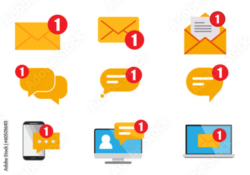 set vector icon Simple flat minimalist incoming new chat box messages app vector icon with notification