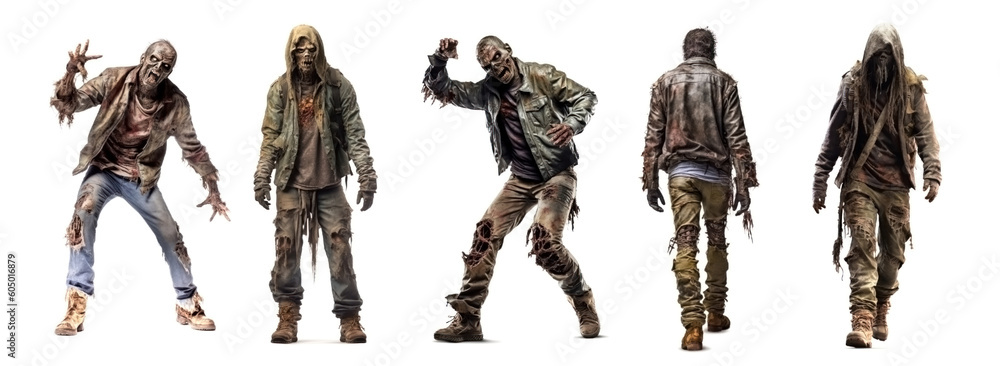 Set of zombie man in various poses isolated on white background. Halloween concept Set of zombie man in various poses isolated on white background. Halloween concept