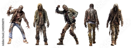 Set of zombie man in various poses isolated on white background. Halloween concept