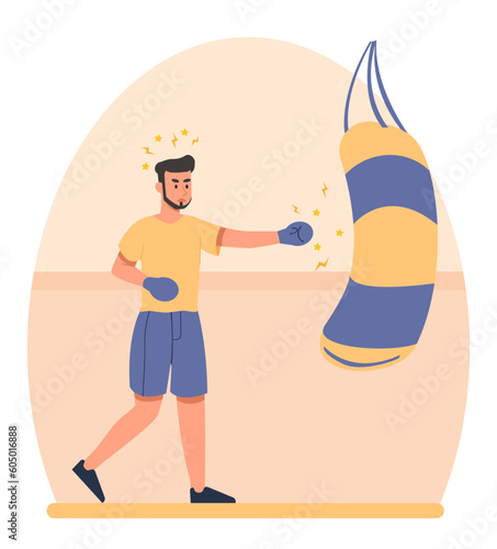 Boxing training concept. Man in gloves hits training equipment, punching boxing bag. Preparing athlete for competitions and tournaments. Active and healthy lifeste. Cartoon flat vector illustration