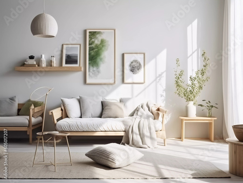 Elegant And Modern Scandinavian Living Room, Floral, Spring, Cozy, Chic, Interior © 47Media