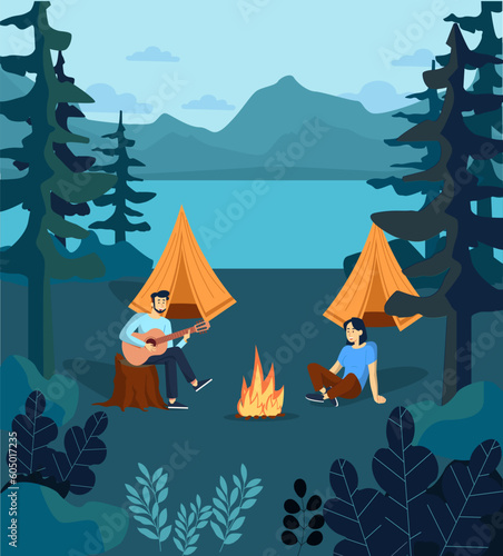 Concept of camping. Man with guitar and woman sitting near campfire with tents. Rest in forest at evening. People near fire at background of mountains and river. Cartoon flat vector illustration