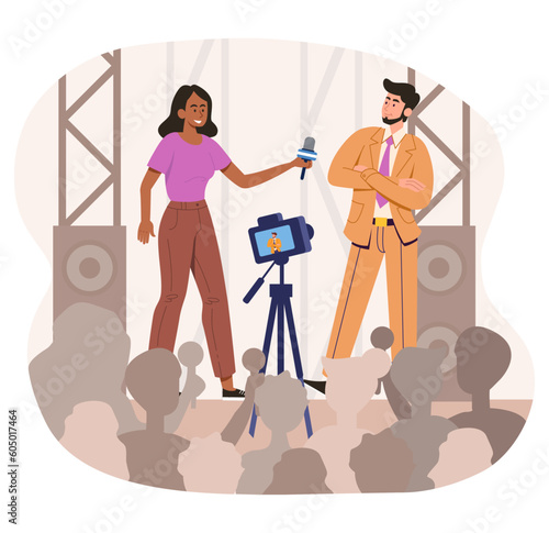 Celebrity with journalist. Woman interviewing man in suit Popular personality answers questions. TV show, news and reportage, public speaking. Cartoon flat vector illustration