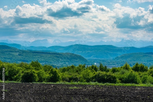 plowed field for planting agricultural crops near the forest in the Khodz river valley  in the foothills of the Main Caucasian Range  southern Russia  near the village of Bagovskaya on a sunny summer 