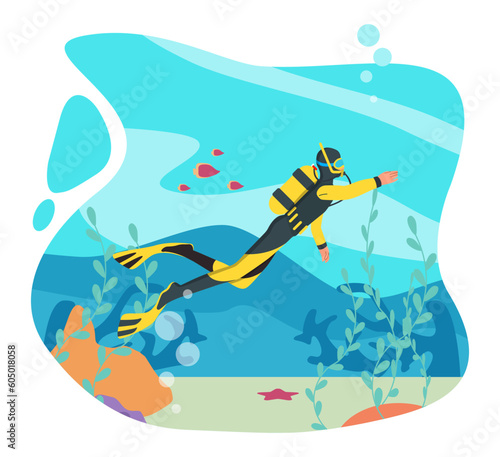 Diver underwater concept. Man in overalls and mask with oxygen tanks floats on bottom of sea or ocean. Explorer and rescuer. Summer vacation and sport activity. Cartoon flat vector illustration