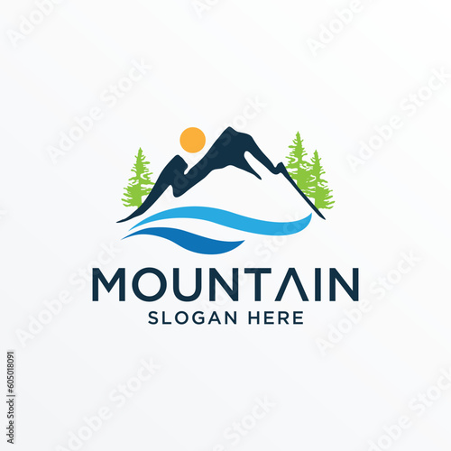 Landscape Hills minimalist, Mountain logo with trees and river vector template.
