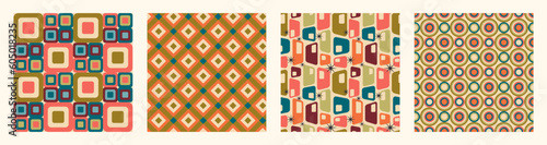 Set of Aesthetic mid century printable seamless pattern with retro design. Decorative 50`s, 60's, 70's style Vintage modern background in minimalist mid century style for fabric, wallpaper or wrapping