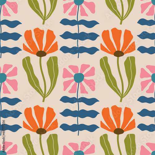Aesthetic Contemporary printable retro groovy flowers seamless pattern. Decorative Hippie Naive 60's, 70's style Vintage boho background in minimalist style for fabric, wallpaper or wrapping