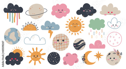 Set of cute hand draw rainbow, sun, cloud, star, weather in boho style. Cartoon doodle clipart elements for nursery. Design for shower invitation card, birthday, children's party, book cover, poster