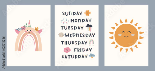 Cute hand drawn posters with rainbow, weather, education elements in boho style. Cartoon doodle print with days of the week for nursery. Design for card, label, brochure, book cover, poster, flyer