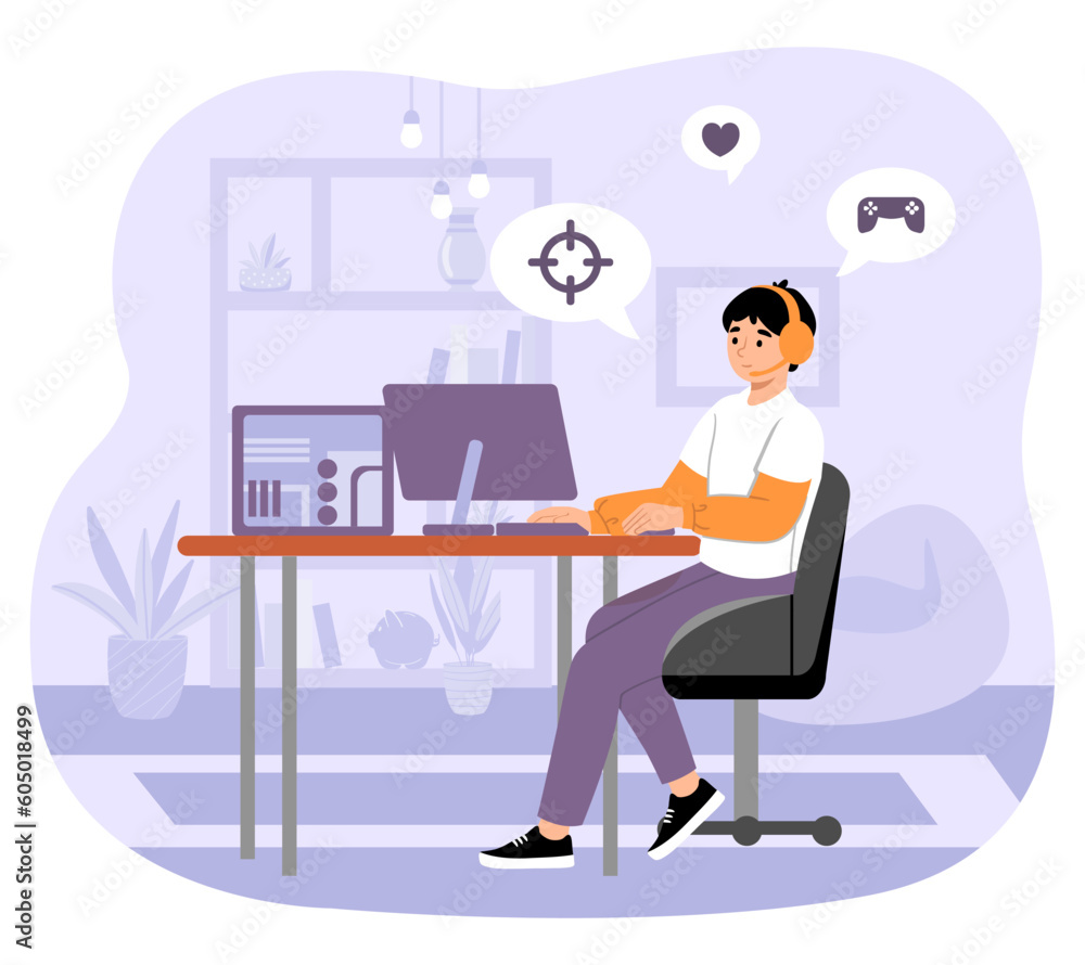 Gamer at computer. Boy sitting in headphones in front of monitor and playing computer and video games and arcades. Modern entertainment and cyberverse. Cartoon flat vector illustration