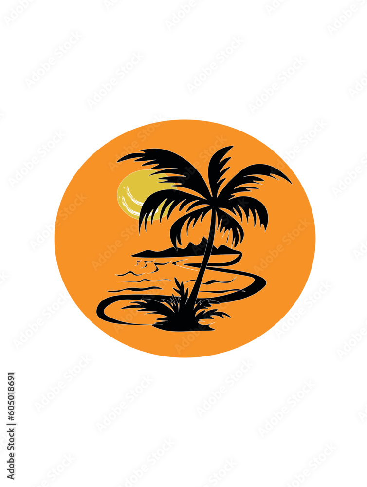 palm tree silhouette. An illustration of a tropical sunset. Sunset With Palm Trees. Sunset With Palm Trees.  Illustration of beach logo design isolated on white background.  Sun Beam
