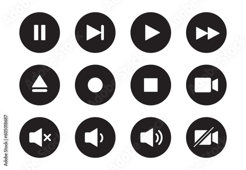 Audio, video, music player circle button icon. Sound control, play, pause button solid icon set. Camera, media control, microphone interface pictogram. Vector illustration.