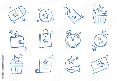 Doodle gift, discount coupon icon set. Hand drawn sketch style bonus card, loyalty program icon. Bonus point reward program offer doodle. Blue line stroke. Vector illustration