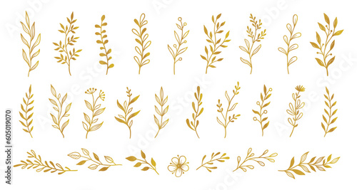 Gold branch leaf element set. Hand drawn sketch doodle golden leaves floral element for wedding background, elegant design. Vector illustration.