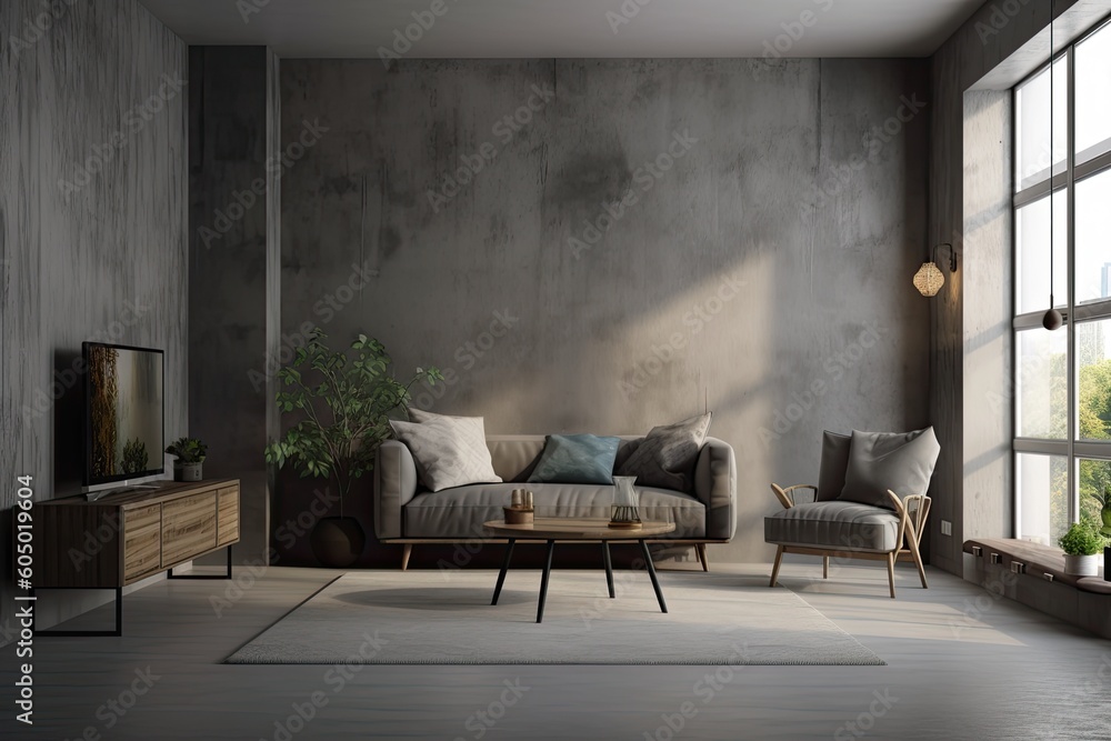 Interior of a dark living room with a sofa and armchair, a coffee table with decorations and a drawer with books, a side view, and a window overlooking the countryside. empty wall copy Generative AI Interior of a dark living room with a sofa and armchair, a coffee table with decorations and a drawer with books, a side view, and a window overlooking the countryside. empty wall copy Generative AI